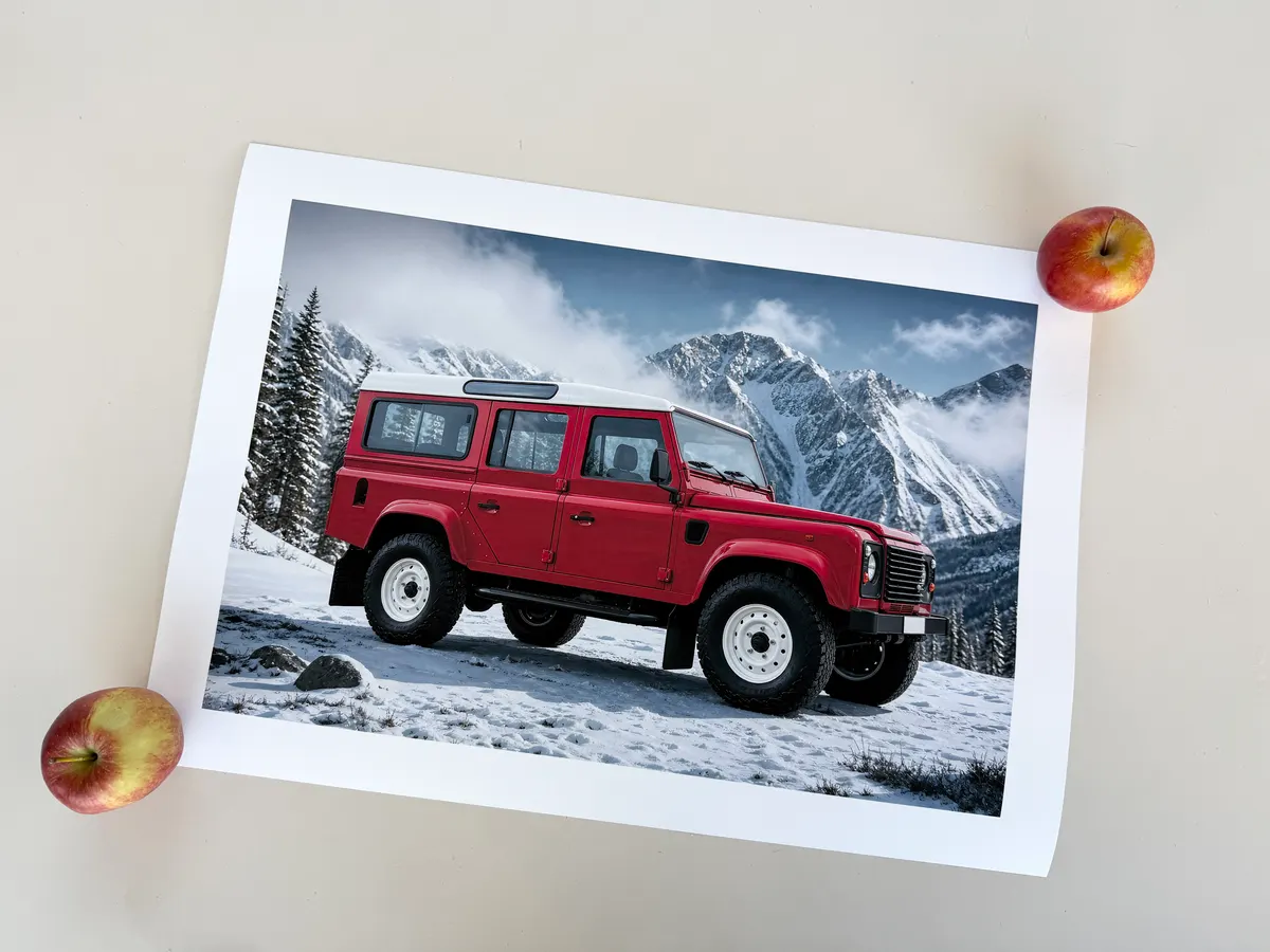 Matte poster print of a customer 4WD render, photographed flat