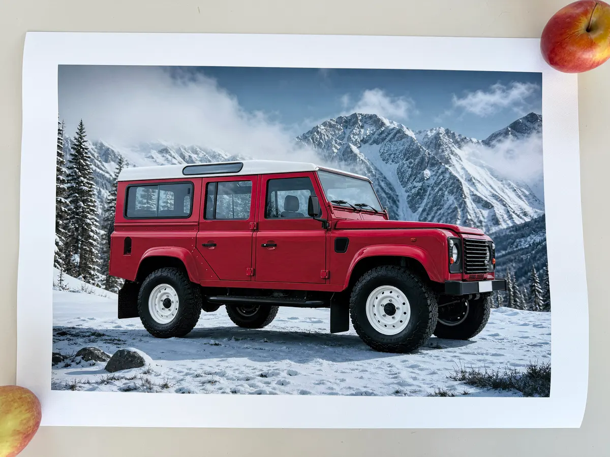 Matte poster print of a red Land Rover Defender render