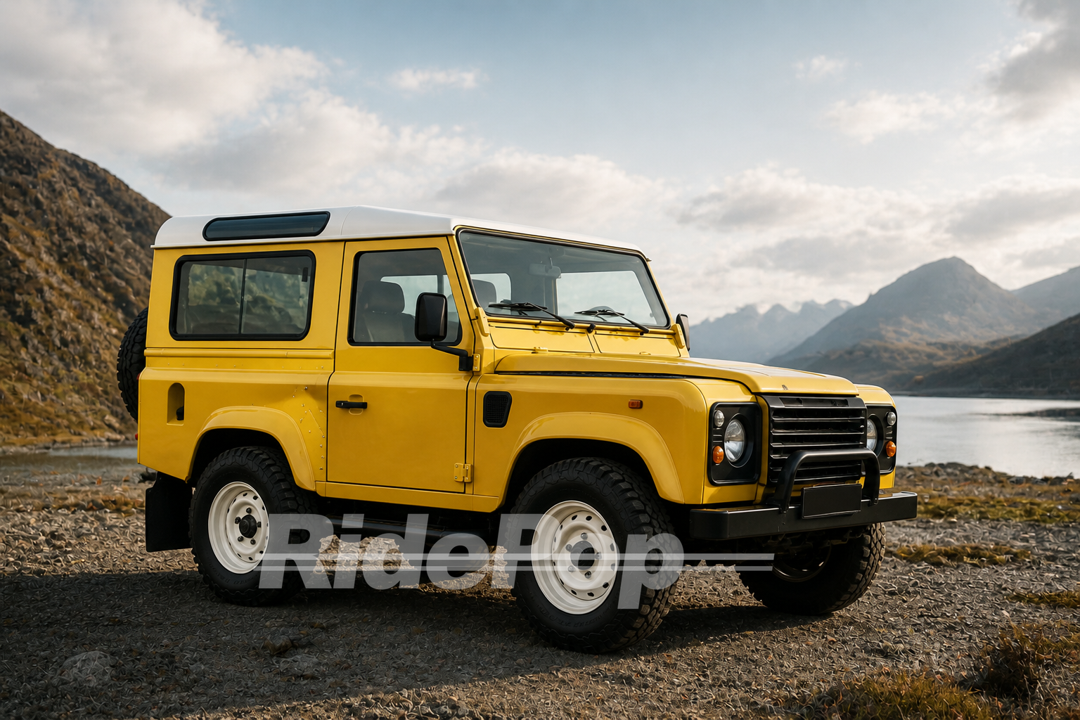 Watermarked RidePop demo portrait of a blue overlanding Land Cruiser in snowy mountains